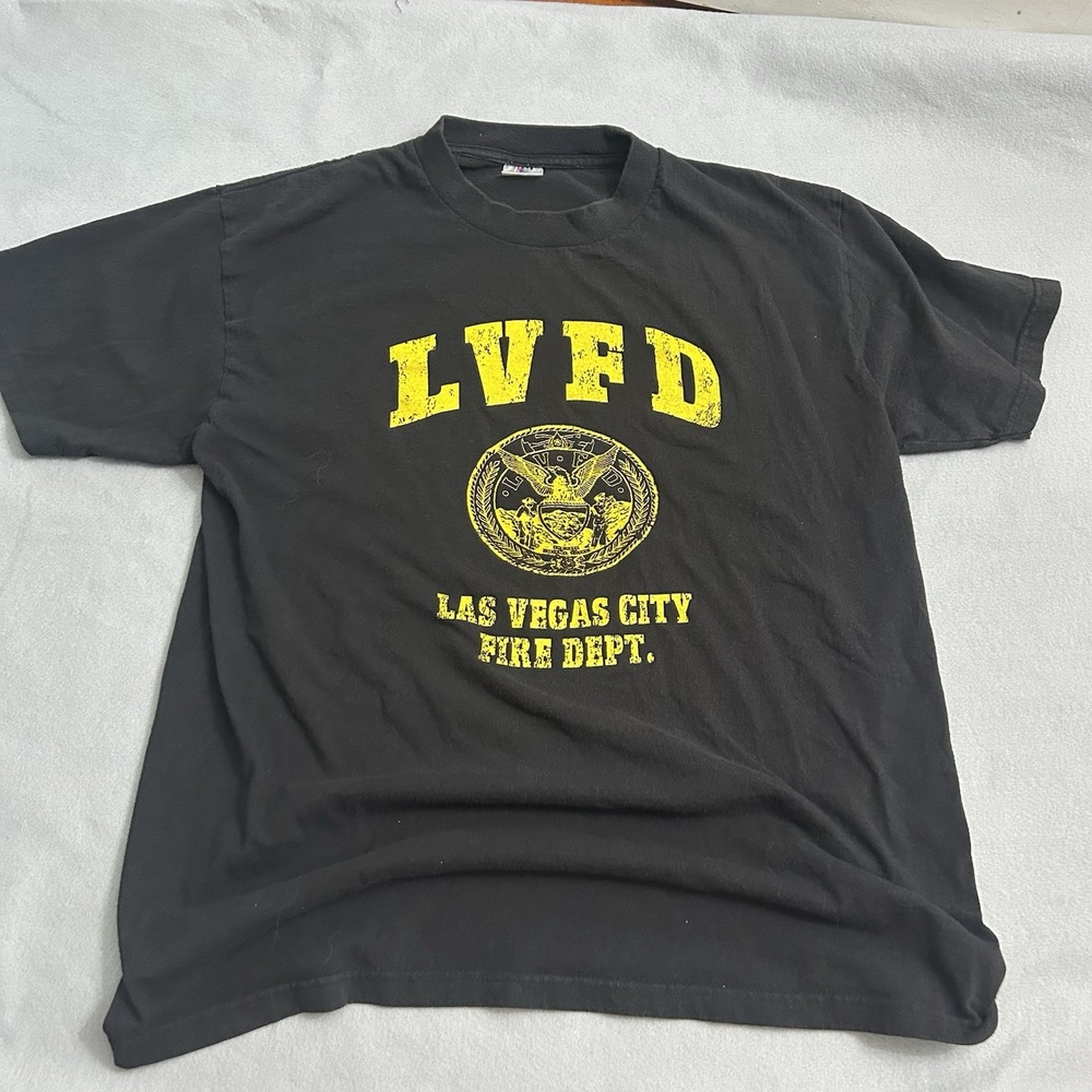 Vintage Las Vegas Fire Department Black T Shirt Yellow Logo Lettering Large